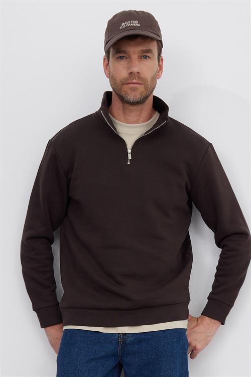 Unisex Relax Fit Rahat Kesim Pamuklu İçi Polarlı Yarım Fermuarlı Kahverengi Dik Yaka Sweatshirt