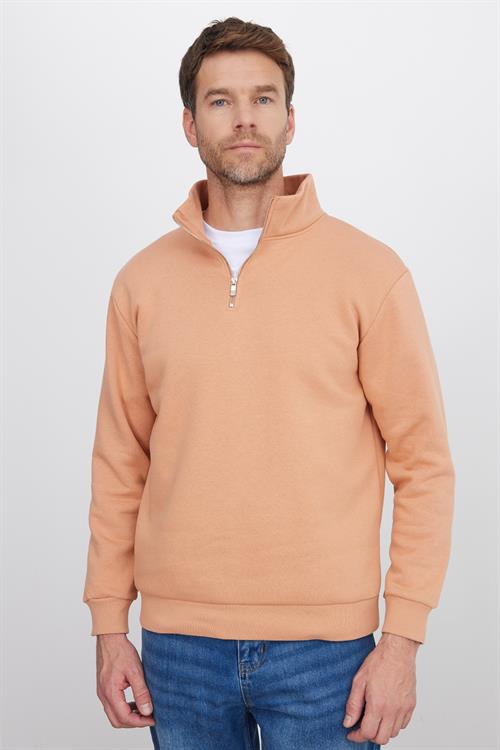 Unisex Relax Fit Rahat Kesim Pamuklu İçi Polarlı Yarım Fermuarlı Yavruağzı Dik Yaka Sweatshirt