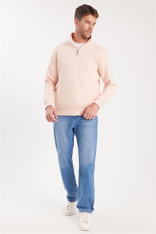 Unisex Relax Fit Rahat Kesim Pamuklu İçi Polarlı Yarım Fermuarlı Somon Dik Yaka Sweatshirt