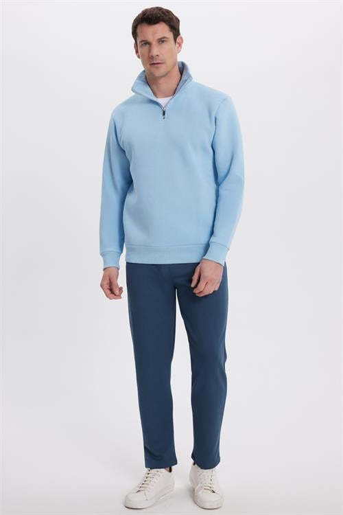 Unisex Relax Fit Rahat Kesim Pamuklu İçi Polarlı Yarım Fermuarlı Mavi Dik Yaka Sweatshirt