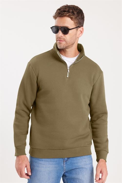 Unisex Relax Fit Rahat Kesim Pamuklu İçi Polarlı Yarım Fermuarlı Haki Dik Yaka Sweatshirt