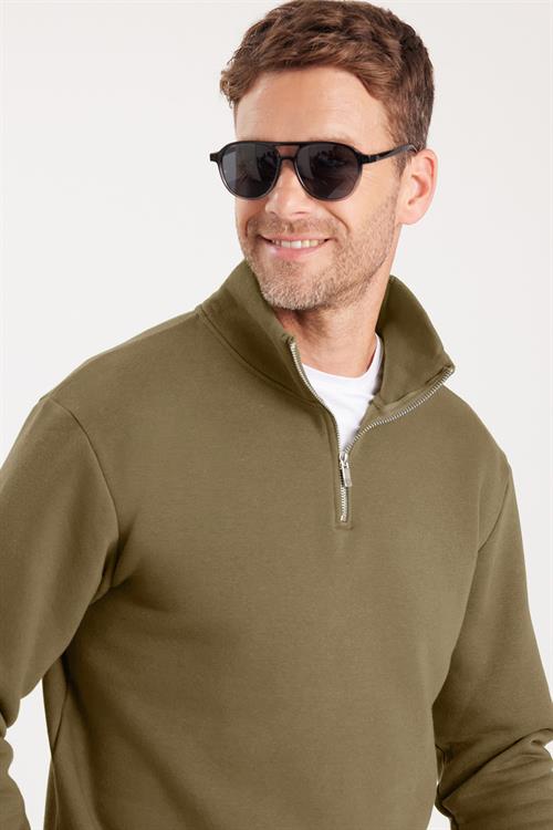Unisex Relax Fit Rahat Kesim Pamuklu İçi Polarlı Yarım Fermuarlı Haki Dik Yaka Sweatshirt