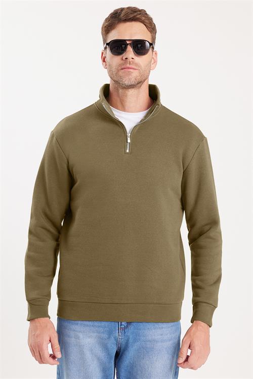 Unisex Relax Fit Rahat Kesim Pamuklu İçi Polarlı Yarım Fermuarlı Haki Dik Yaka Sweatshirt