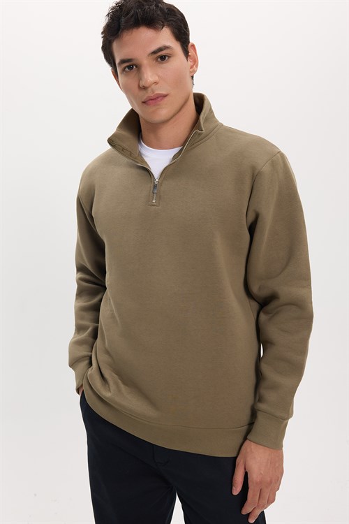 Unisex Relax Fit Rahat Kesim Pamuklu İçi Polarlı Yarım Fermuarlı Haki Dik Yaka Sweatshirt