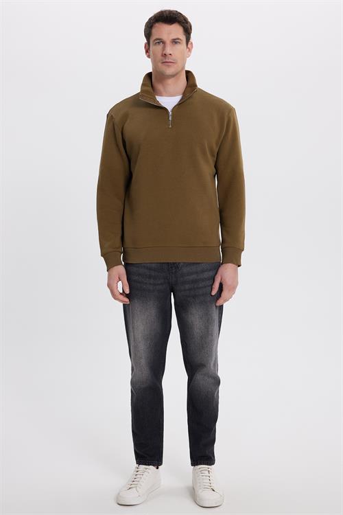 Unisex Relax Fit Rahat Kesim Pamuklu İçi Polarlı Yarım Fermuarlı Yeşil Dik Yaka Sweatshirt