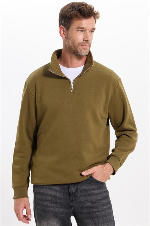 Unisex Relax Fit Rahat Kesim Pamuklu İçi Polarlı Yarım Fermuarlı Yeşil Dik Yaka Sweatshirt