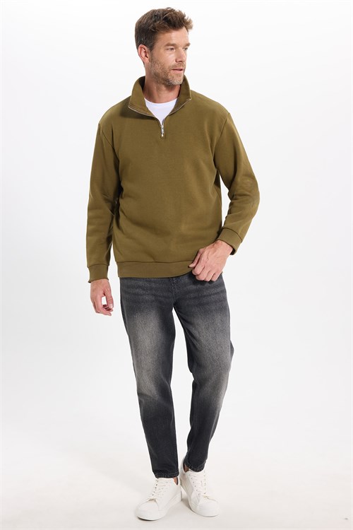 Unisex Relax Fit Rahat Kesim Pamuklu İçi Polarlı Yarım Fermuarlı Yeşil Dik Yaka Sweatshirt
