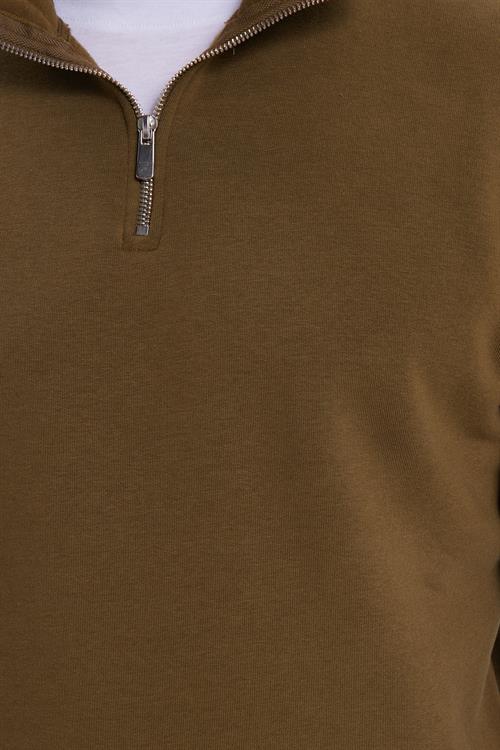 Unisex Relax Fit Rahat Kesim Pamuklu İçi Polarlı Yarım Fermuarlı Yeşil Dik Yaka Sweatshirt