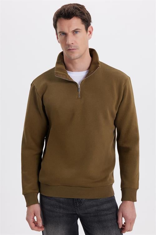 Unisex Relax Fit Rahat Kesim Pamuklu İçi Polarlı Yarım Fermuarlı Yeşil Dik Yaka Sweatshirt