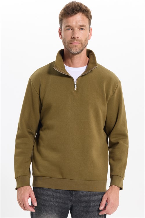 Unisex Relax Fit Rahat Kesim Pamuklu İçi Polarlı Yarım Fermuarlı Yeşil Dik Yaka Sweatshirt