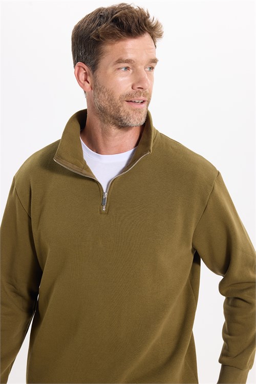 Unisex Relax Fit Rahat Kesim Pamuklu İçi Polarlı Yarım Fermuarlı Yeşil Dik Yaka Sweatshirt