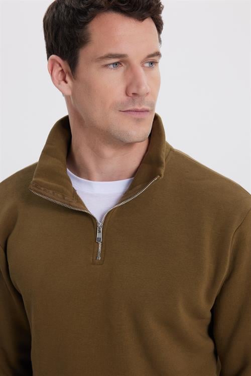 Unisex Relax Fit Rahat Kesim Pamuklu İçi Polarlı Yarım Fermuarlı Yeşil Dik Yaka Sweatshirt