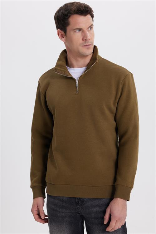 Unisex Relax Fit Rahat Kesim Pamuklu İçi Polarlı Yarım Fermuarlı Yeşil Dik Yaka Sweatshirt