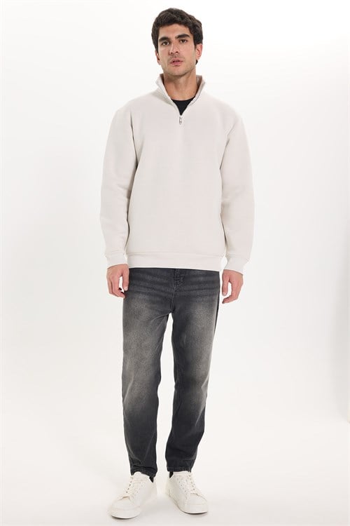 Unisex Relax Fit Rahat Kesim Pamuklu İçi Polarlı Yarım Fermuarlı Gri Dik Yaka Sweatshirt