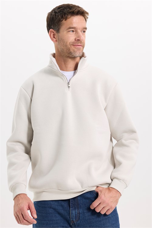 Unisex Relax Fit Rahat Kesim Pamuklu İçi Polarlı Yarım Fermuarlı Gri Dik Yaka Sweatshirt