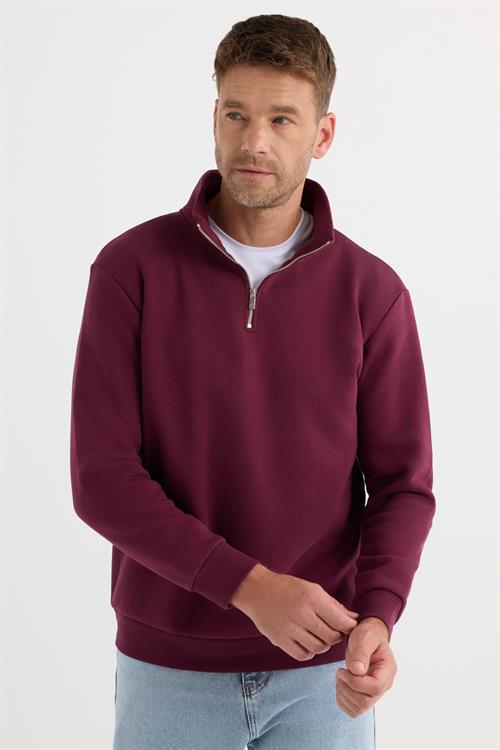 Unisex Relax Fit Rahat Kesim Pamuklu İçi Polarlı Yarım Fermuarlı Bordo Dik Yaka Sweatshirt