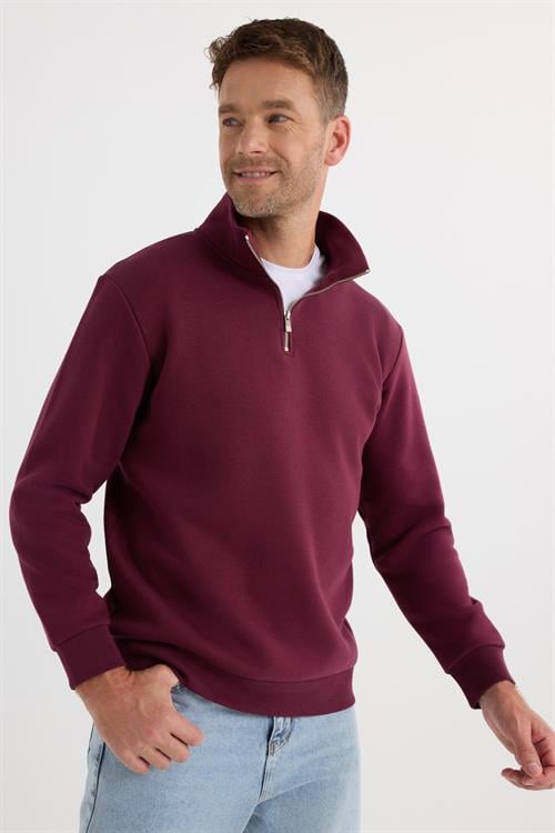 Unisex Relax Fit Rahat Kesim Pamuklu İçi Polarlı Yarım Fermuarlı Bordo Dik Yaka Sweatshirt
