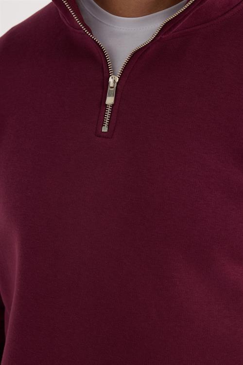 Unisex Relax Fit Rahat Kesim Pamuklu İçi Polarlı Yarım Fermuarlı Bordo Dik Yaka Sweatshirt