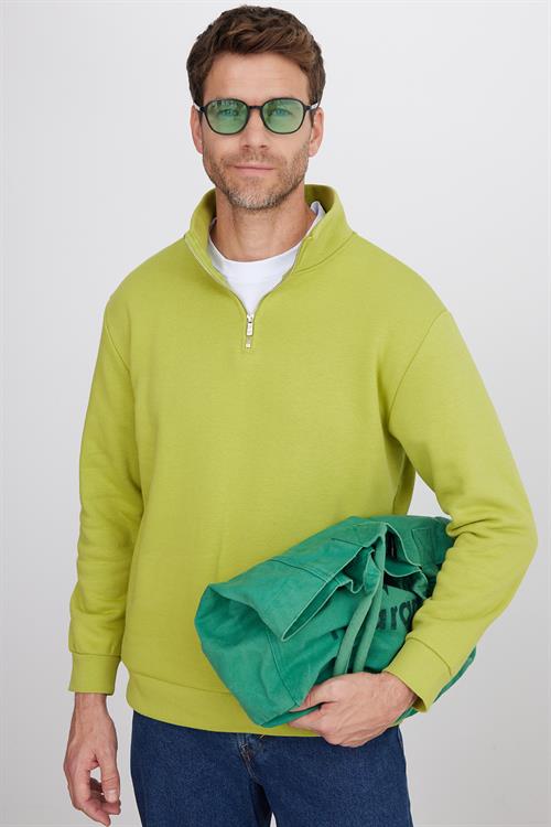 Unisex Relax Fit Rahat Kesim Pamuklu İçi Polarlı Yarım Fermuarlı Yeşil Dik Yaka Sweatshirt