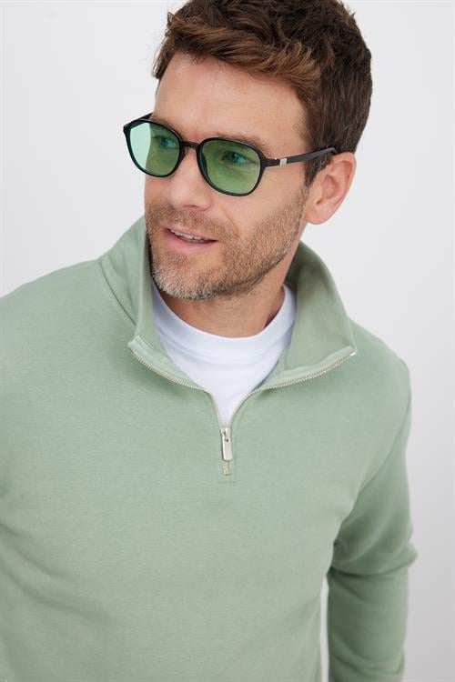 Unisex Relax Fit Rahat Kesim Pamuklu İçi Polarlı Yarım Fermuarlı Yeşil Dik Yaka Sweatshirt