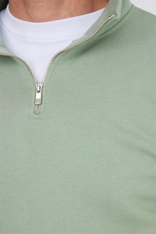 Unisex Relax Fit Rahat Kesim Pamuklu İçi Polarlı Yarım Fermuarlı Yeşil Dik Yaka Sweatshirt