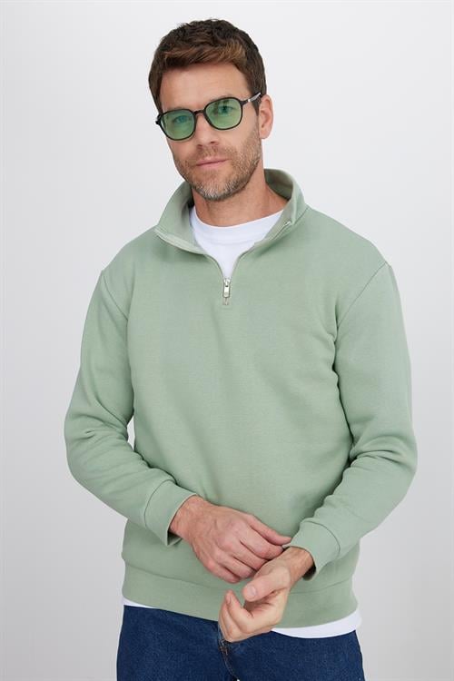 Unisex Relax Fit Rahat Kesim Pamuklu İçi Polarlı Yarım Fermuarlı Yeşil Dik Yaka Sweatshirt