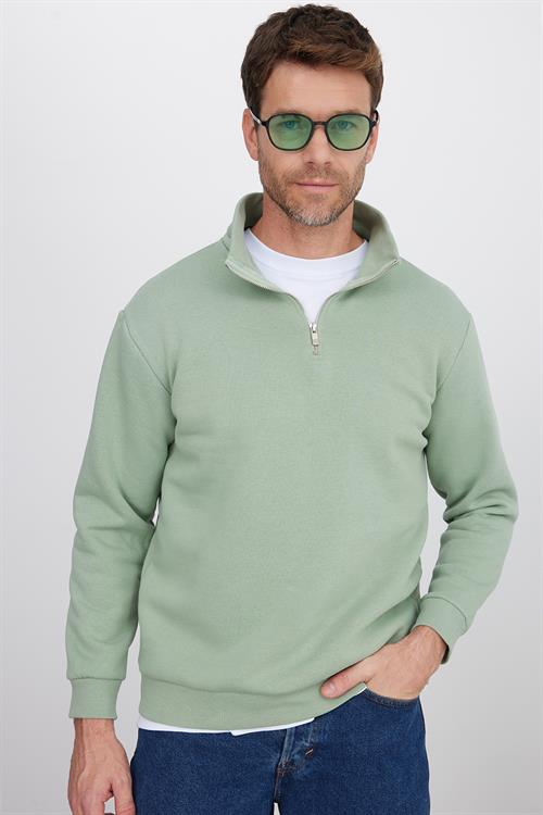 Unisex Relax Fit Rahat Kesim Pamuklu İçi Polarlı Yarım Fermuarlı Yeşil Dik Yaka Sweatshirt