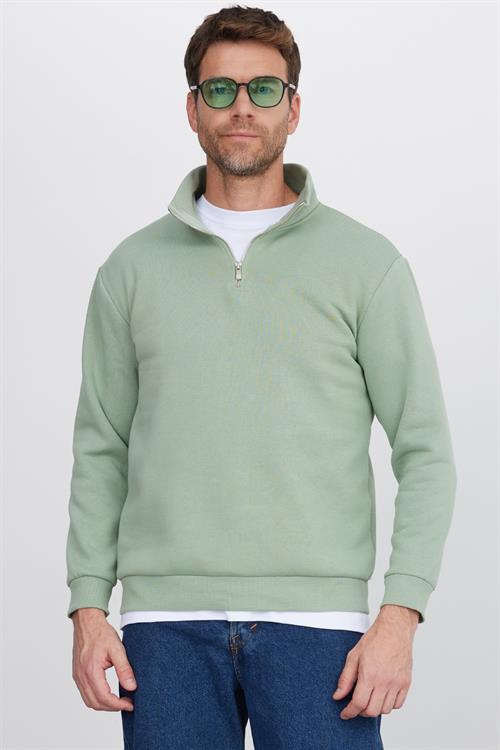 Unisex Relax Fit Rahat Kesim Pamuklu İçi Polarlı Yarım Fermuarlı Yeşil Dik Yaka Sweatshirt