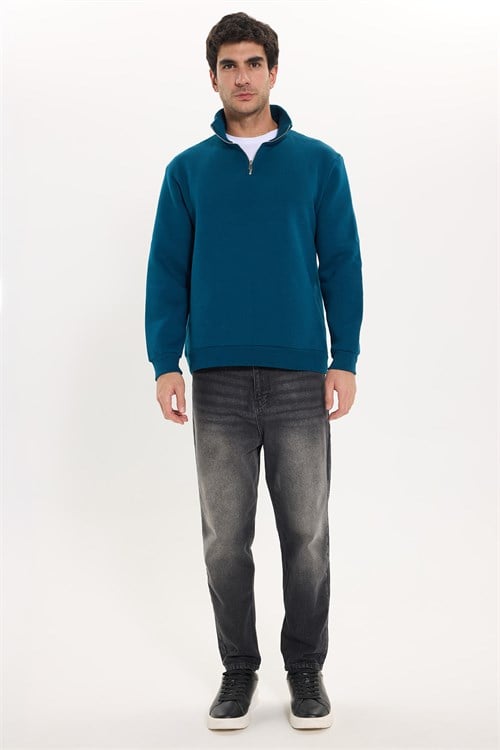Unisex Relax Fit Rahat Kesim Pamuklu İçi Polarlı Yarım Fermuarlı İndigo Dik Yaka Sweatshirt