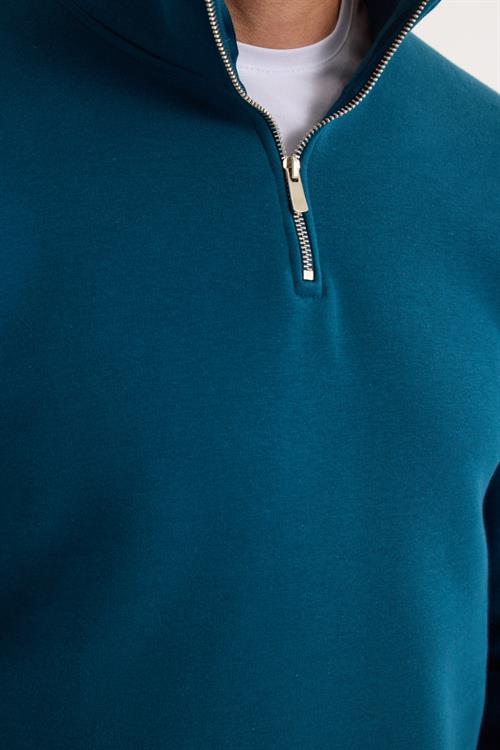 Unisex Relax Fit Rahat Kesim Pamuklu İçi Polarlı Yarım Fermuarlı İndigo Dik Yaka Sweatshirt
