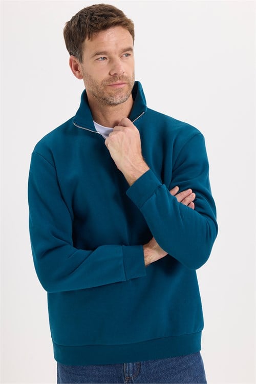 Unisex Relax Fit Rahat Kesim Pamuklu İçi Polarlı Yarım Fermuarlı İndigo Dik Yaka Sweatshirt