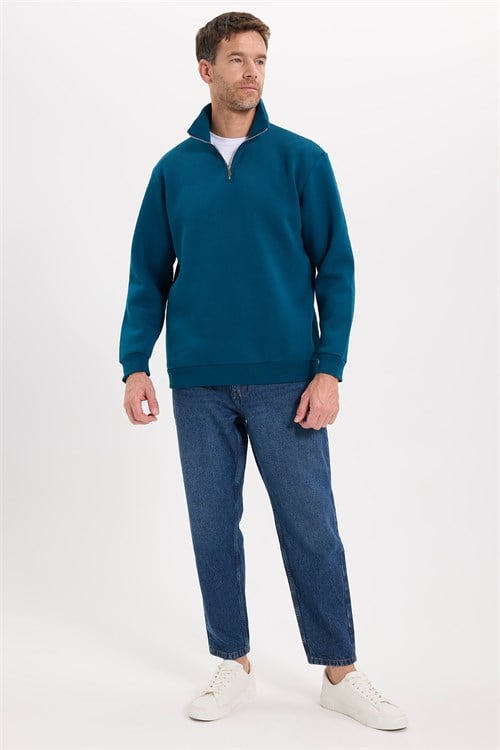 Unisex Relax Fit Rahat Kesim Pamuklu İçi Polarlı Yarım Fermuarlı İndigo Dik Yaka Sweatshirt