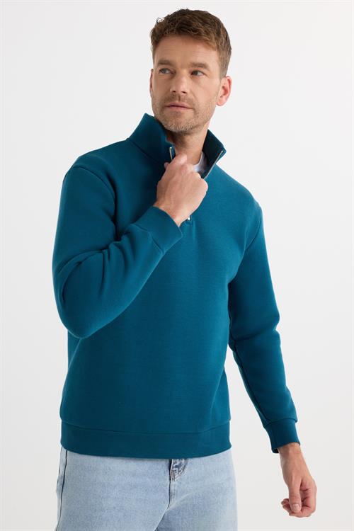 Unisex Relax Fit Rahat Kesim Pamuklu İçi Polarlı Yarım Fermuarlı İndigo Dik Yaka Sweatshirt
