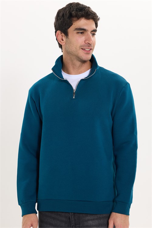 Unisex Relax Fit Rahat Kesim Pamuklu İçi Polarlı Yarım Fermuarlı İndigo Dik Yaka Sweatshirt
