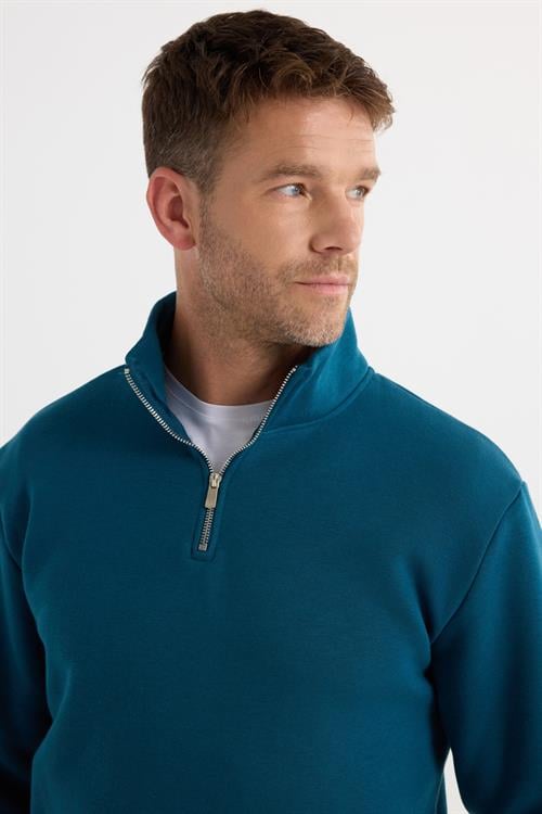 Unisex Relax Fit Rahat Kesim Pamuklu İçi Polarlı Yarım Fermuarlı İndigo Dik Yaka Sweatshirt