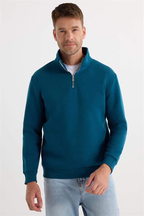 Unisex Relax Fit Rahat Kesim Pamuklu İçi Polarlı Yarım Fermuarlı İndigo Dik Yaka Sweatshirt