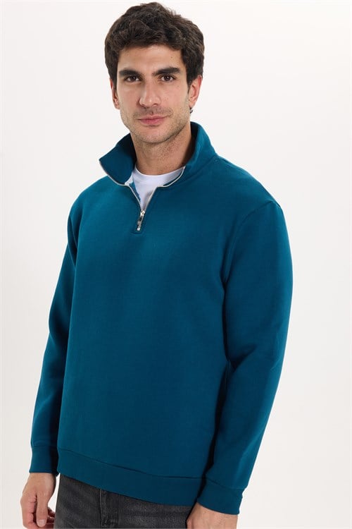 Unisex Relax Fit Rahat Kesim Pamuklu İçi Polarlı Yarım Fermuarlı İndigo Dik Yaka Sweatshirt