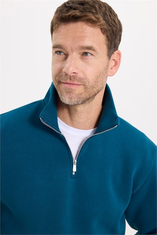 Unisex Relax Fit Rahat Kesim Pamuklu İçi Polarlı Yarım Fermuarlı İndigo Dik Yaka Sweatshirt