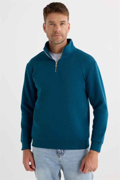 Unisex Relax Fit Rahat Kesim Pamuklu İçi Polarlı Yarım Fermuarlı İndigo Dik Yaka Sweatshirt