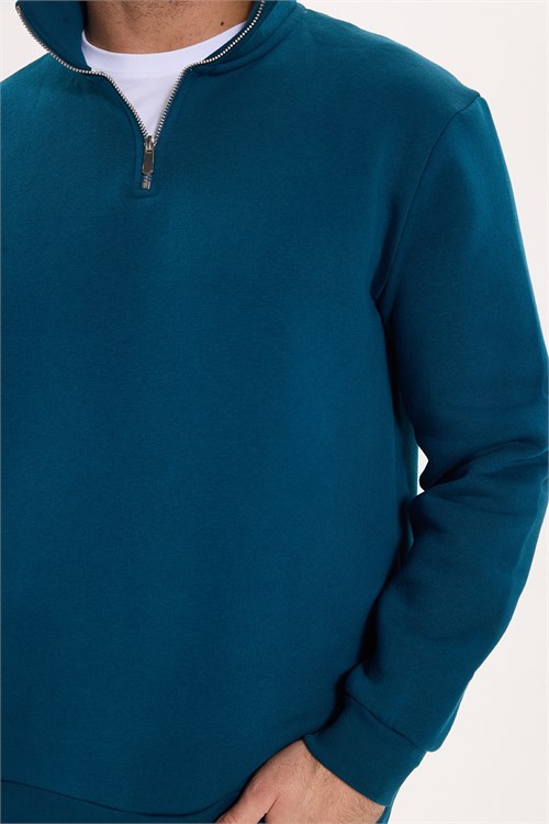 Unisex Relax Fit Rahat Kesim Pamuklu İçi Polarlı Yarım Fermuarlı İndigo Dik Yaka Sweatshirt