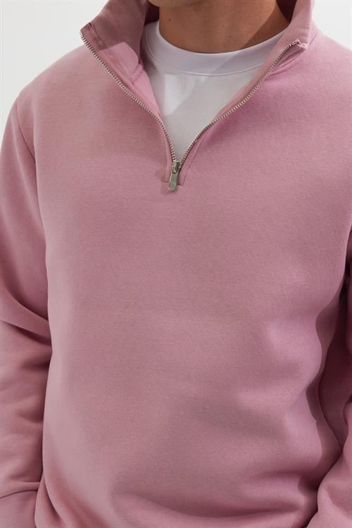 Unisex Relax Fit Rahat Kesim Pamuklu İçi Polarlı Yarım Fermuarlı Lila Dik Yaka Sweatshirt