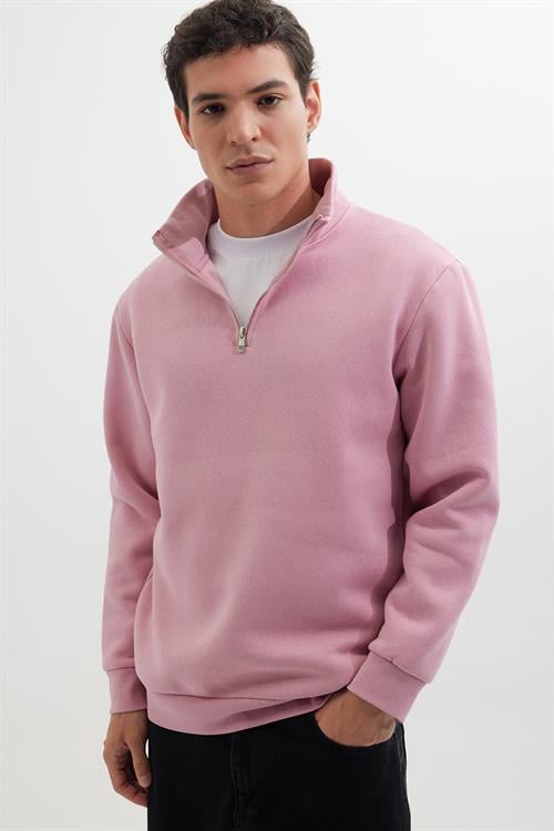 Unisex Relax Fit Rahat Kesim Pamuklu İçi Polarlı Yarım Fermuarlı Lila Dik Yaka Sweatshirt