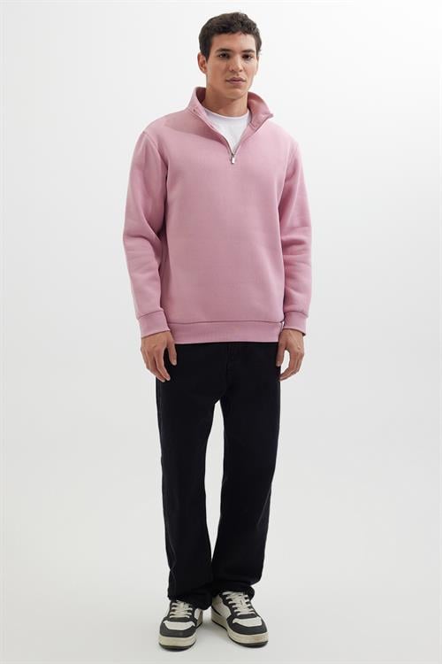 Unisex Relax Fit Rahat Kesim Pamuklu İçi Polarlı Yarım Fermuarlı Lila Dik Yaka Sweatshirt