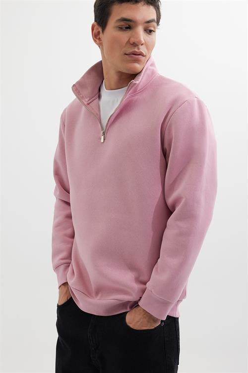 Unisex Relax Fit Rahat Kesim Pamuklu İçi Polarlı Yarım Fermuarlı Lila Dik Yaka Sweatshirt