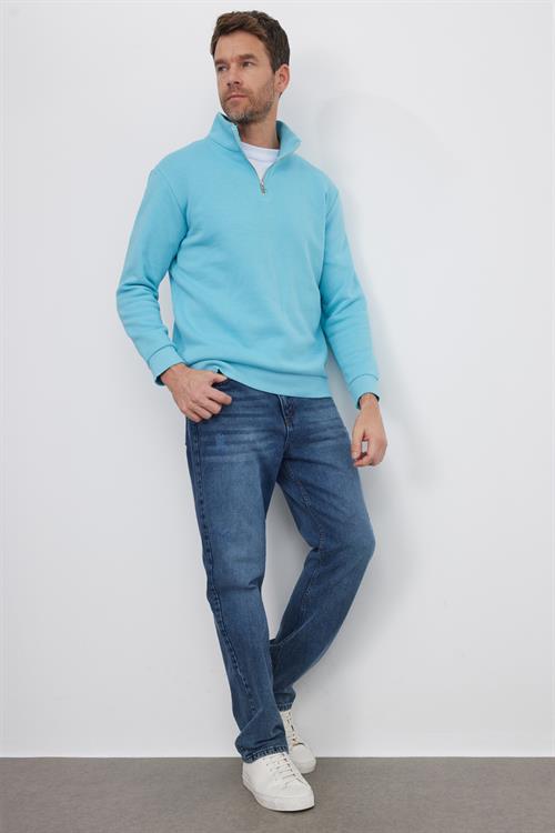 Unisex Relax Fit Rahat Kesim Pamuklu İçi Polarlı Yarım Fermuarlı Açık Mavi Dik Yaka Sweatshirt