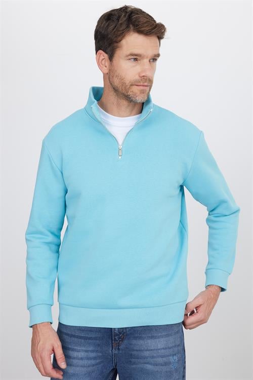 Unisex Relax Fit Rahat Kesim Pamuklu İçi Polarlı Yarım Fermuarlı Açık Mavi Dik Yaka Sweatshirt
