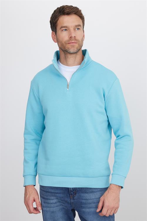 Unisex Relax Fit Rahat Kesim Pamuklu İçi Polarlı Yarım Fermuarlı Açık Mavi Dik Yaka Sweatshirt