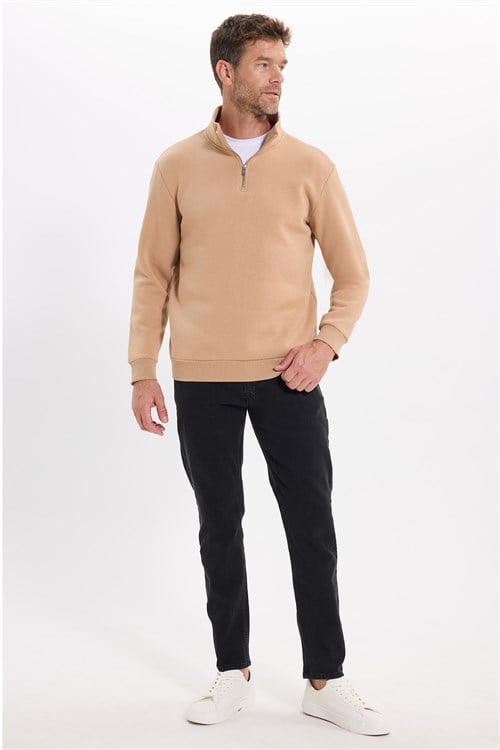 Unisex Relax Fit Rahat Kesim Pamuklu İçi Polarlı Yarım Fermuarlı Taş Renk Dik Yaka Sweatshirt