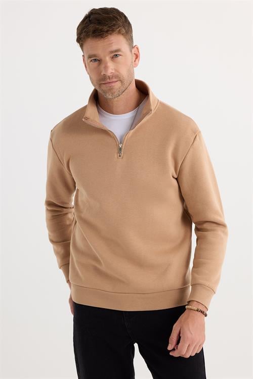 Unisex Relax Fit Rahat Kesim Pamuklu İçi Polarlı Yarım Fermuarlı Taş Renk Dik Yaka Sweatshirt