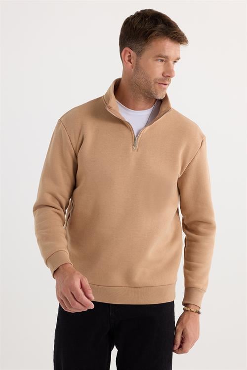 Unisex Relax Fit Rahat Kesim Pamuklu İçi Polarlı Yarım Fermuarlı Taş Renk Dik Yaka Sweatshirt